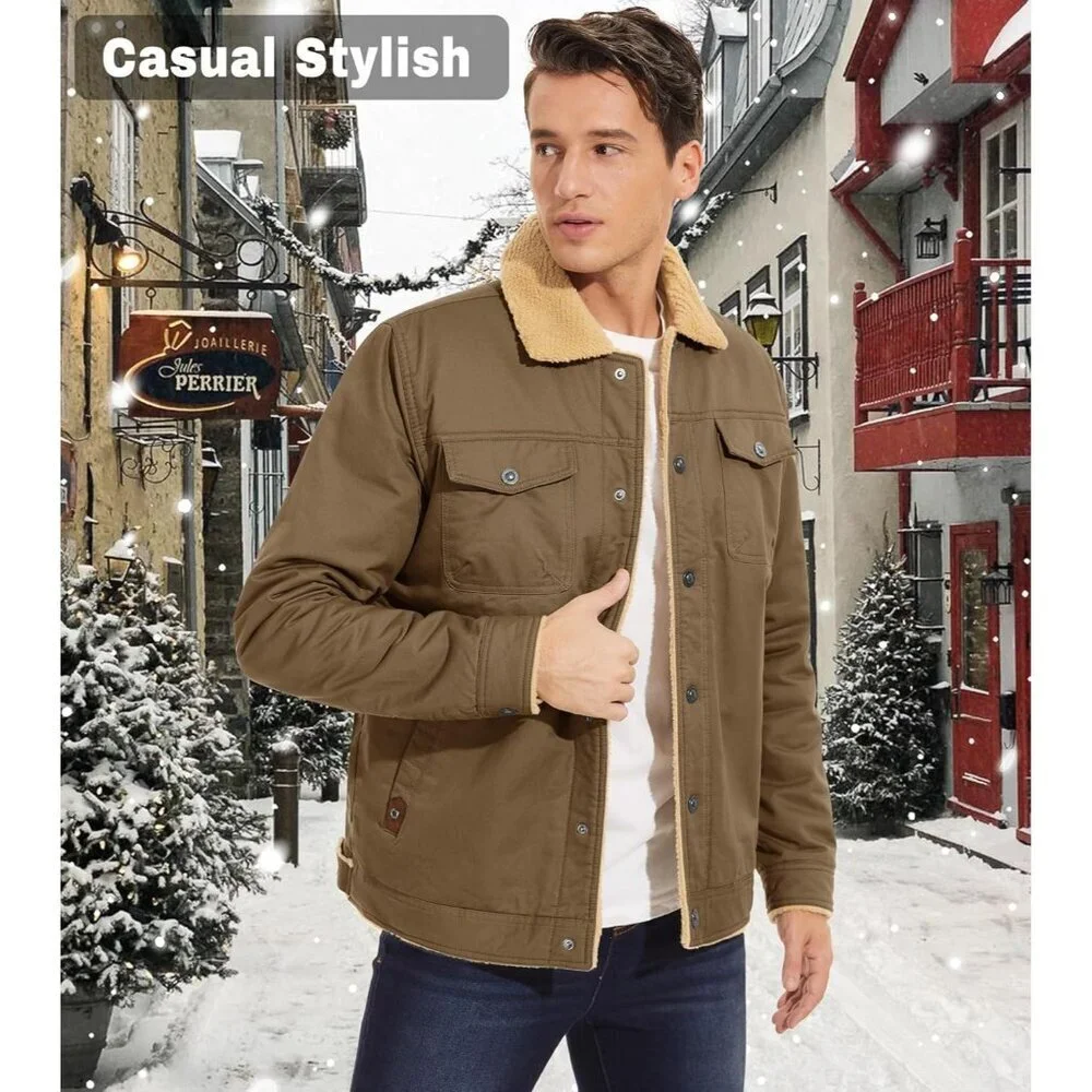 Men's Khaki Winter Thick Thermal Cotton Warm Fleece Lined Coat Cargo Jackets